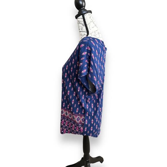 New Lucky Brand Ikat Blue Short Sleeve Twist Knot Back Keyhole Shirt Small - Picture 2 of 7